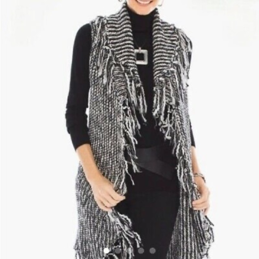 CHICO'S  Black Wool Blend Knit Drama Fringe Nolan Sweater Vest